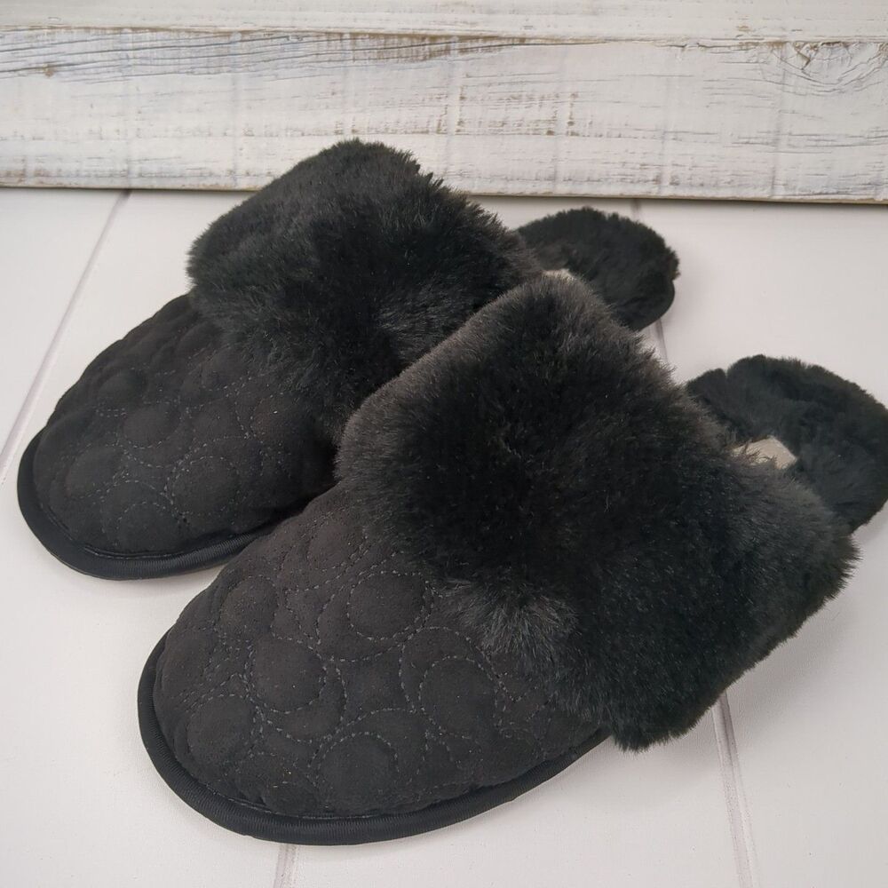 Coach Women's Zuri Slippers Black Size 6 Faux Fur Velvet Velour Logo
